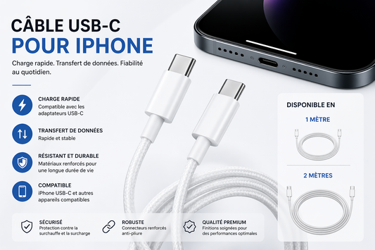 Câble USB-C vers iPhone – Charge rapide et synchronisation.